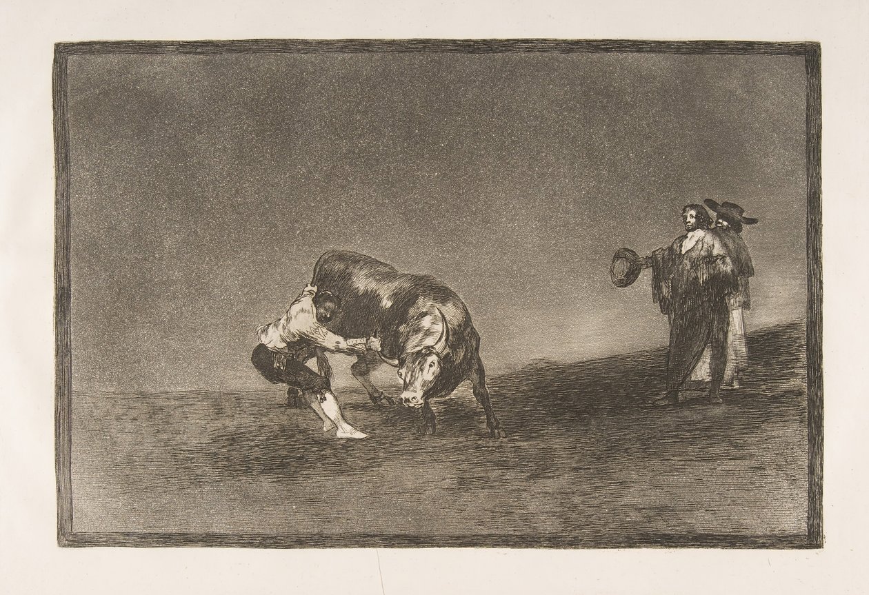 Tauromaquian levy 16: Sama mies heittää härän kehään Madridissa., 1816. tekijältä Francisco de Goya