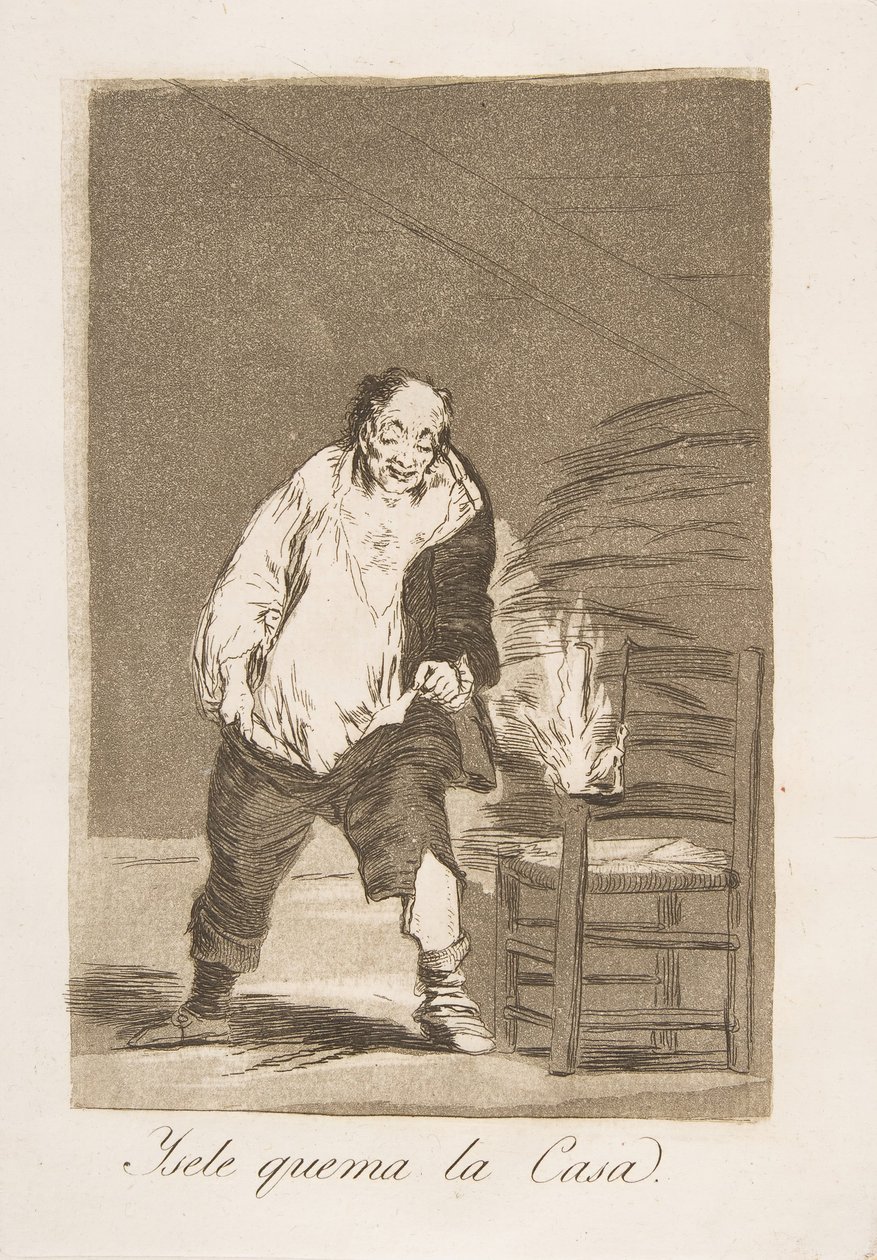 Levy 18 Los Caprichosista: Ja hänen talonsa on tulessa Ysele quema la Casa., 1799. tekijältä Francisco de Goya