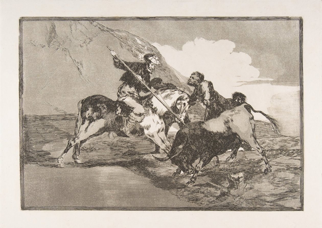 Tauromaquian levy 1: Tapa, jolla muinaiset espanjalaiset metsästivät härkää hor..., 1816. tekijältä Francisco de Goya