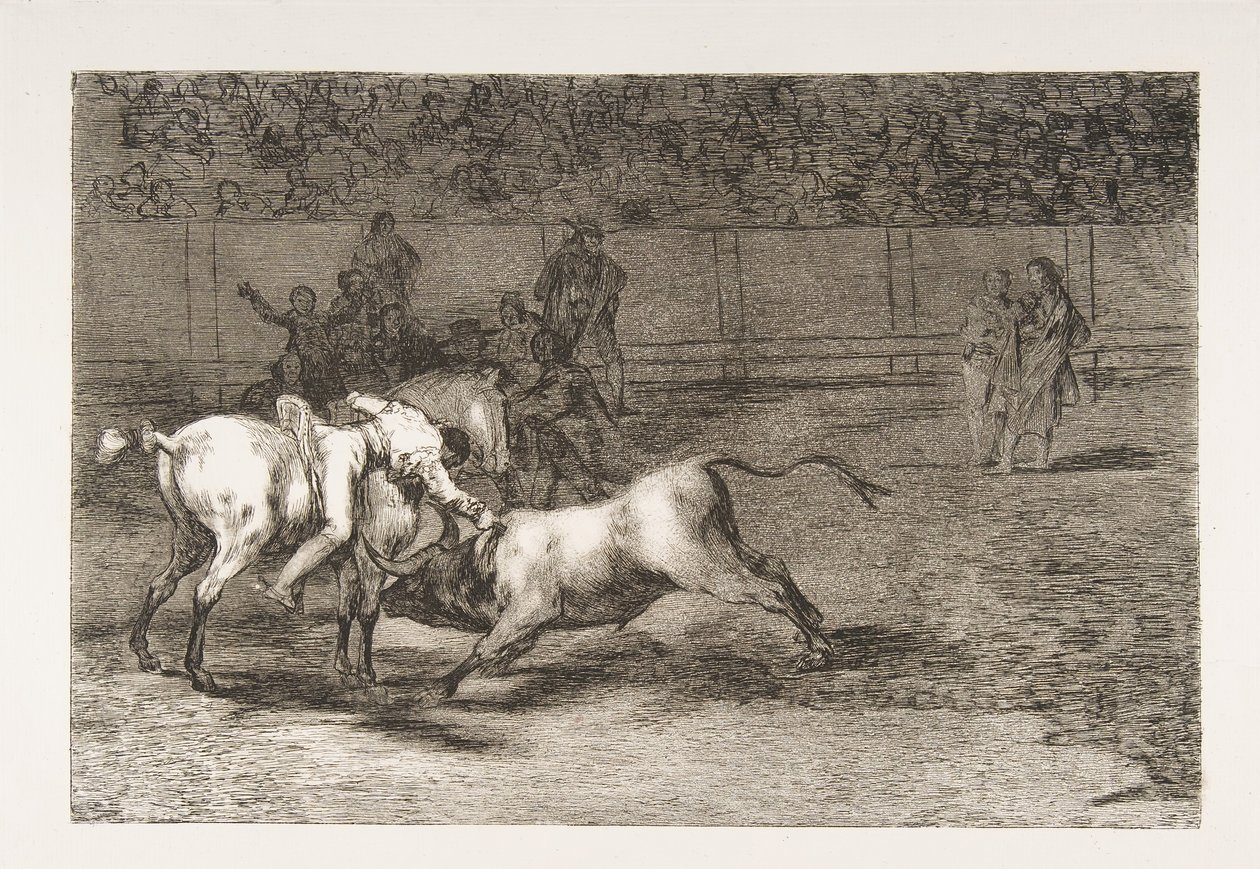 Taulukko 23 "Tauromaquiasta": Mariano Ceballos, alias intiaani, tappaa härän vuodelta 1816. tekijältä Francisco de Goya