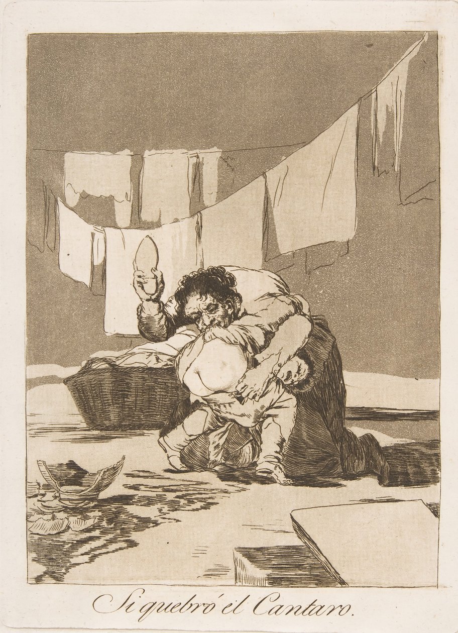 Lauta 25 Los Caprichosista: Jos hän rikkoi potin Si quebró el Cantaro., 1799. tekijältä Francisco de Goya