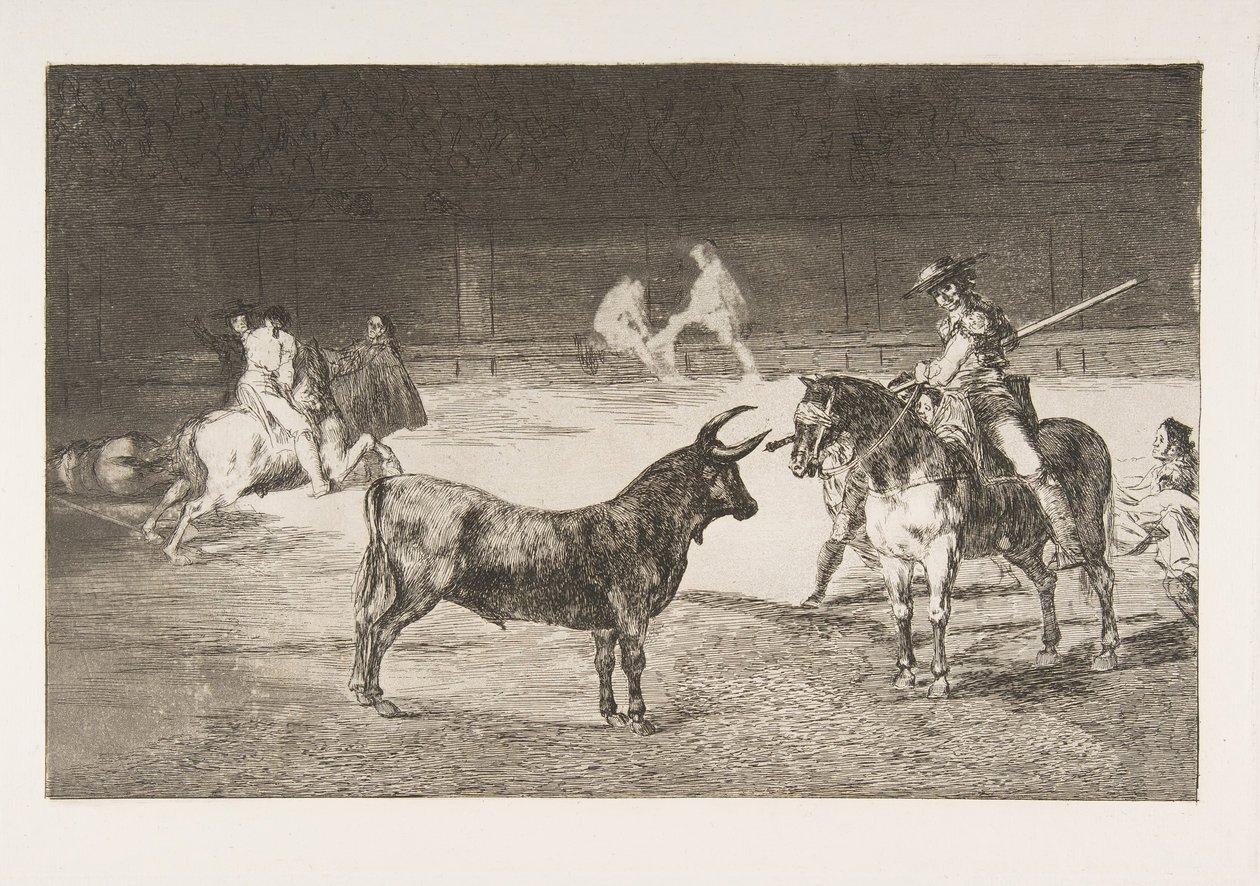Tauromachian levy 27: Juhlattu pistäjä Fernando del Toro vetää tulen..., tekijältä Francisco de Goya