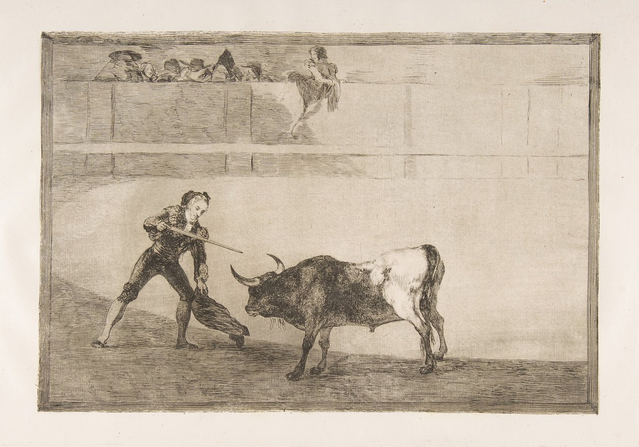 Tauromachian levy 30: Peter Rosemary tappamassa pysähtyneen härän. tekijältä Francisco de Goya