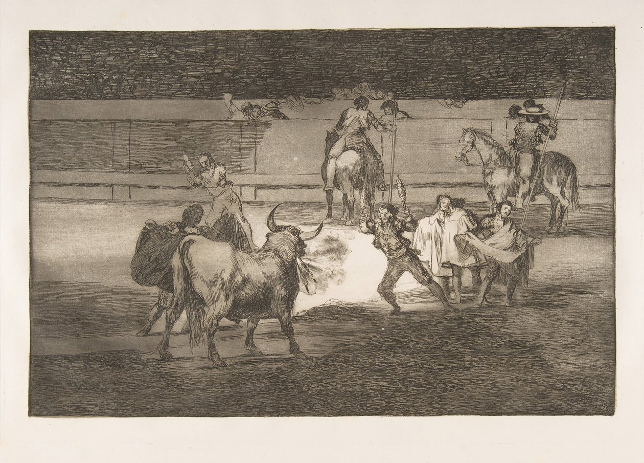 Tauromaquian levy 31: Banderillat sähinkäisten kanssa., 1816. tekijältä Francisco de Goya