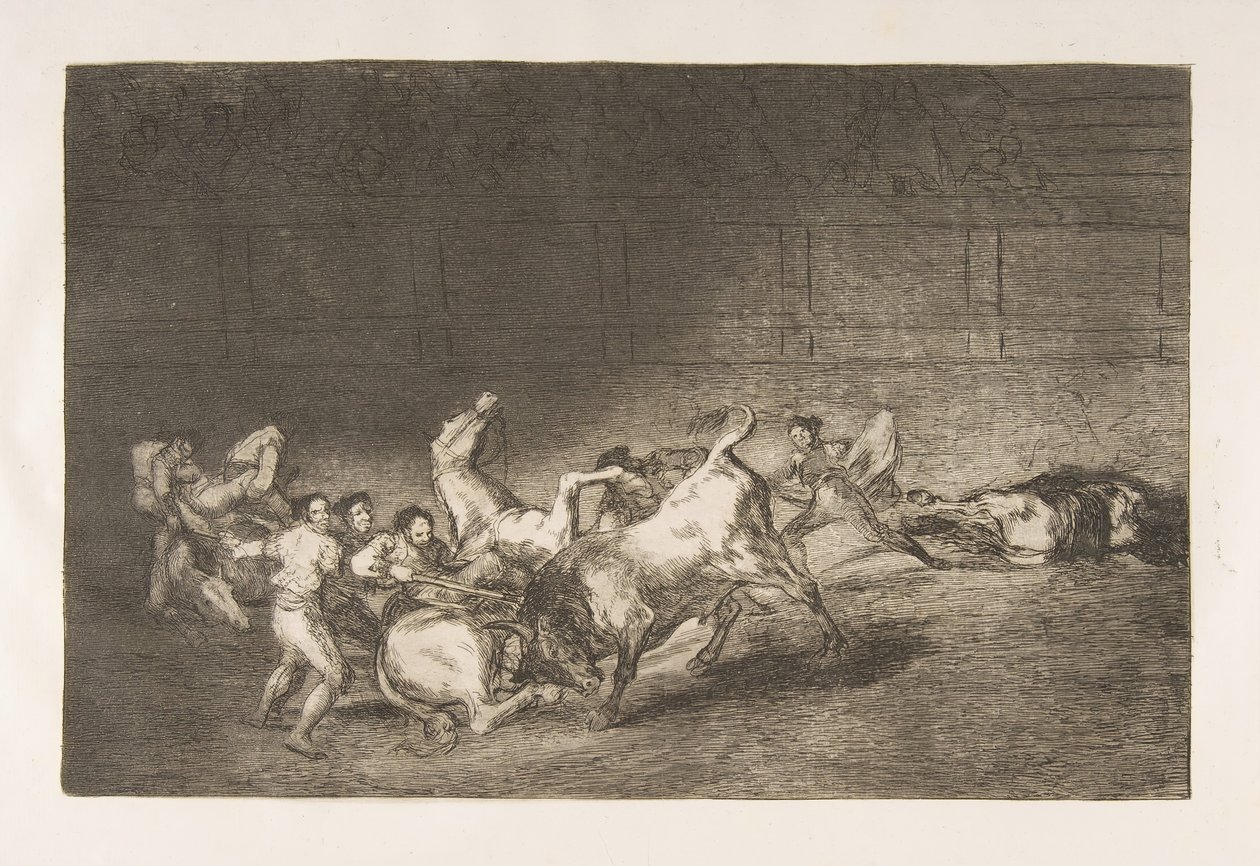 Tauromaquian levy 32: Kaksi pikadoriryhmää, joita heittää peräkkäin laulu..., 1816. tekijältä Francisco de Goya