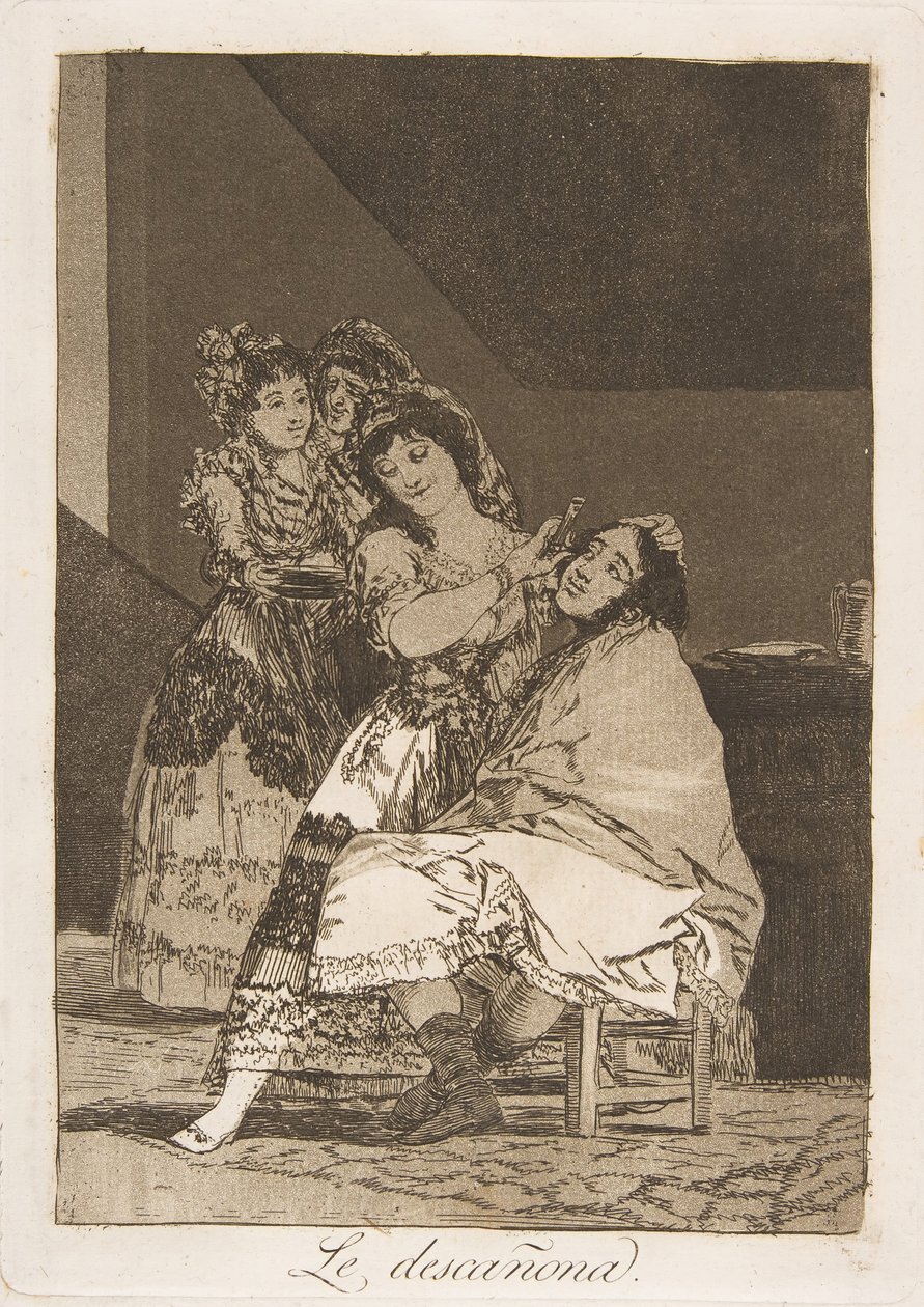 Levy 35 Los Caprichosista: Hän fleeces hänelle Le descañona., 1799. tekijältä Francisco de Goya