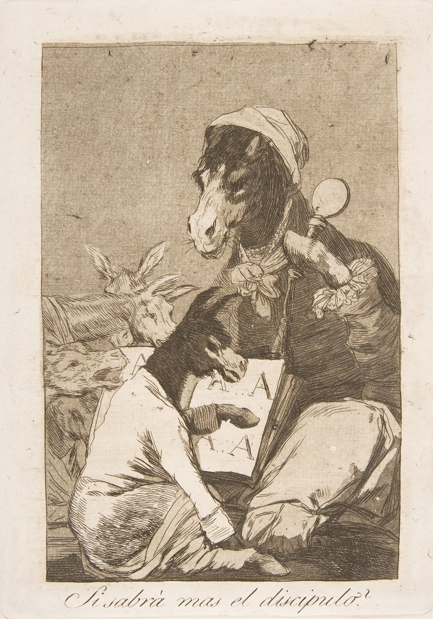 Levy 37 The Whimsista: Eikö oppilas tietäisi enemmän Jos opetuslapsi tietää enemmän, 1799. tekijältä Francisco de Goya