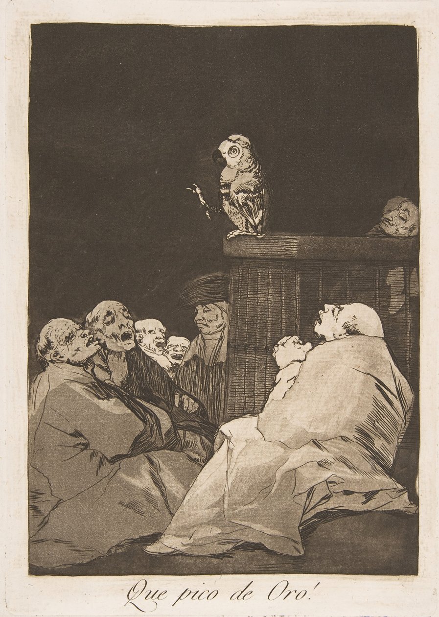 Lauta 53 Los Caprichosista: Mikä kultainen nokka! Que pico de Oro!, 1799. tekijältä Francisco de Goya