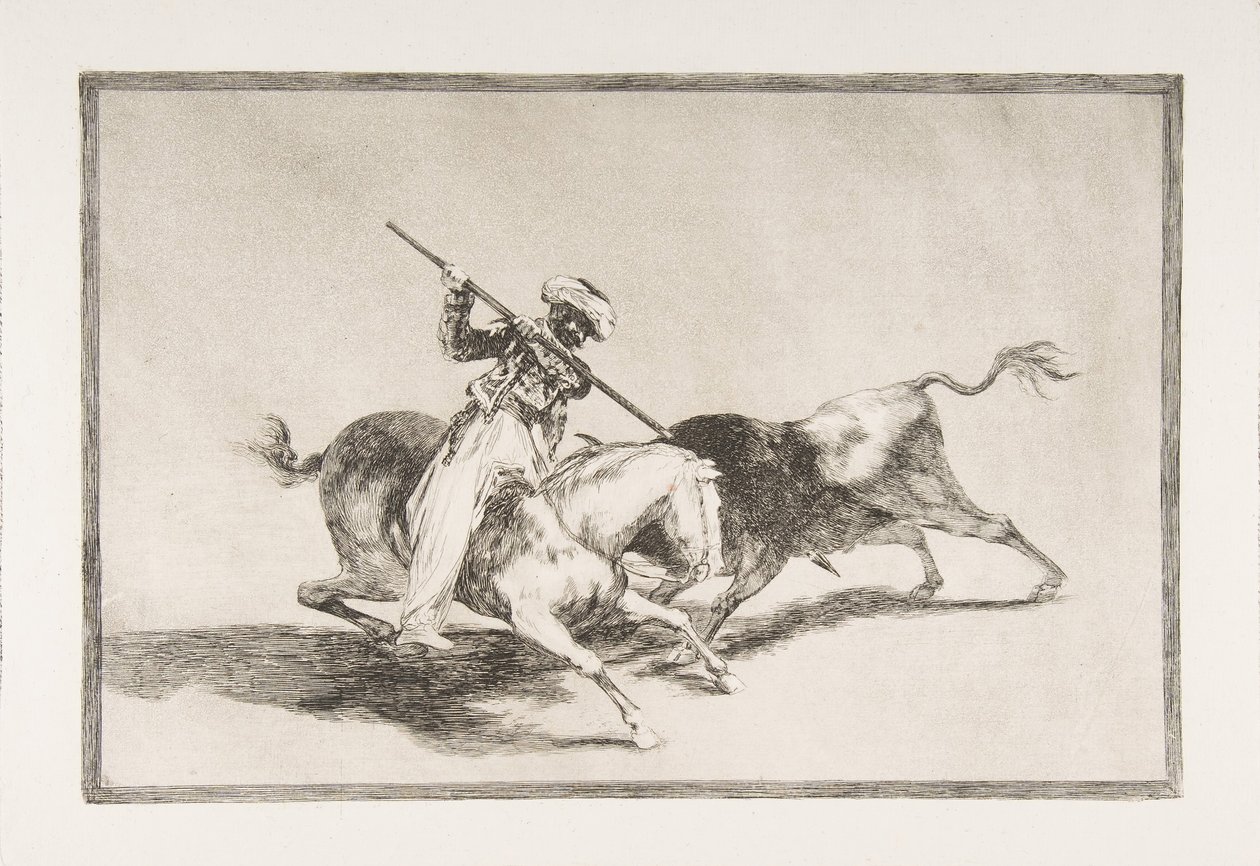 Tauromaquian levy 5: Henkinen mauri Gazul on ensimmäinen, joka keihää sonnin..., 1816. tekijältä Francisco de Goya