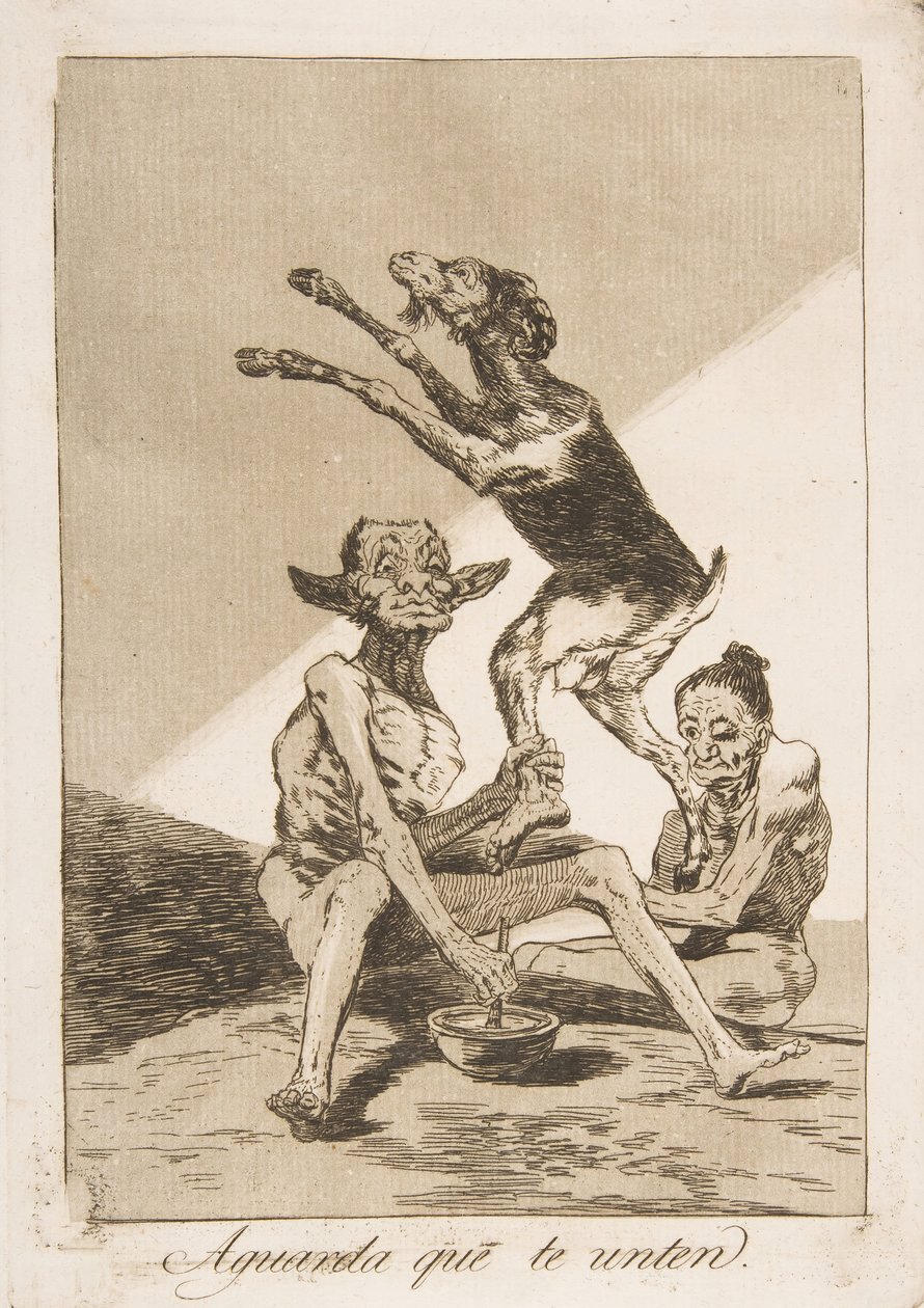 Levy 67 Los Caprichosista: Odota, kunnes sinut on voideltu Aguarda que te unten., 1799. tekijältä Francisco de Goya