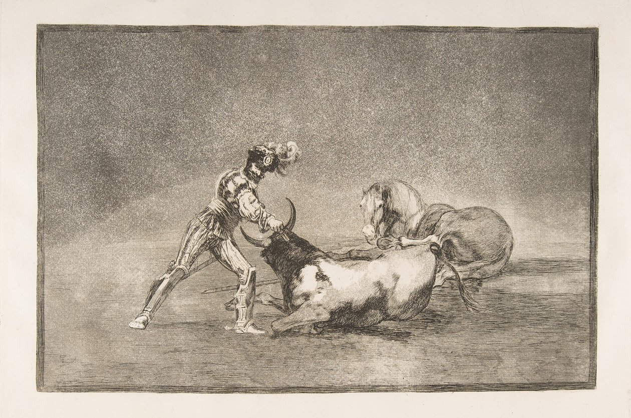 Tauromaquian levy 9: Espanjalainen ritari tappaa härän menetettyään hevosensa., 1816. tekijältä Francisco de Goya