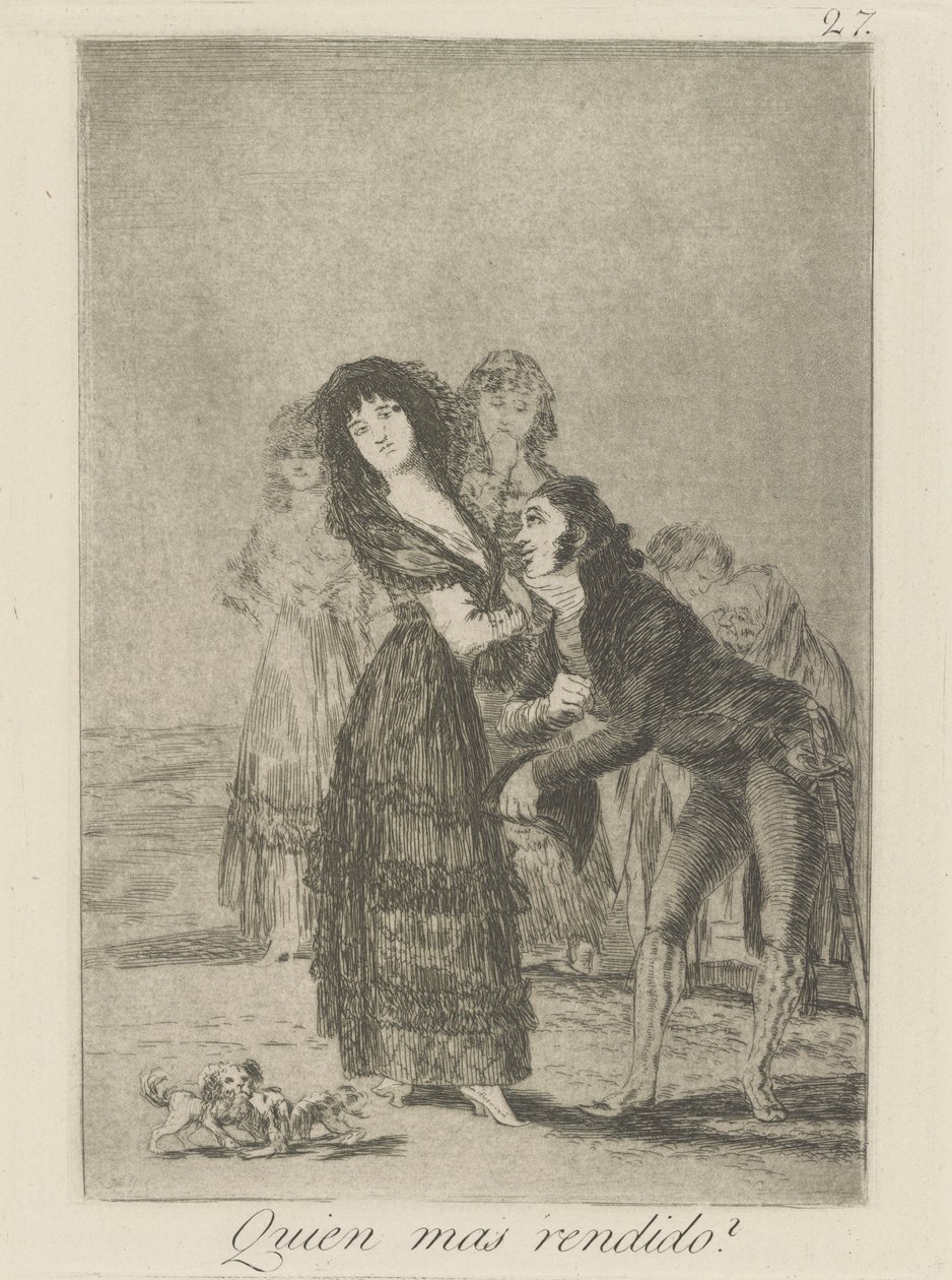 Quien mas rendido? (Kumpi heistä on ylivoimaisempi?), pl. 27 sarjasta Los caprichos tekijältä Francisco de Goya