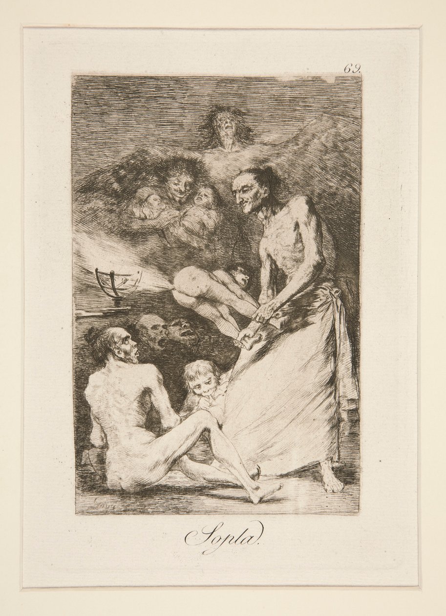Sopla (Blow), pl. 69 sarjasta Los caprichos tekijältä Francisco de Goya