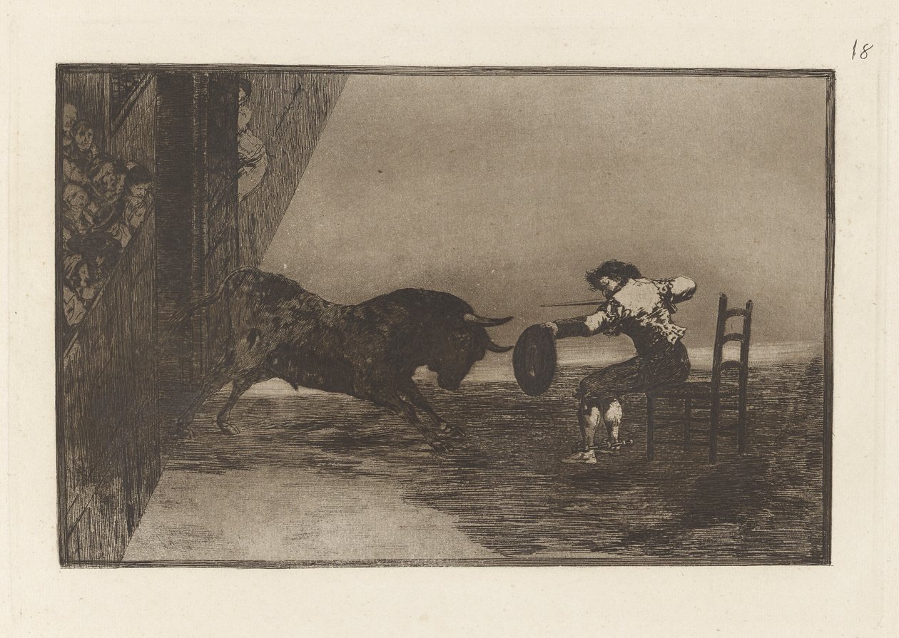 Temeridad de Martincho en la plaza de Zaragoza (Martinchon rohkeus kehässä Zaragozassa), levy 18 La tauromaquiasta tekijältä Francisco de Goya