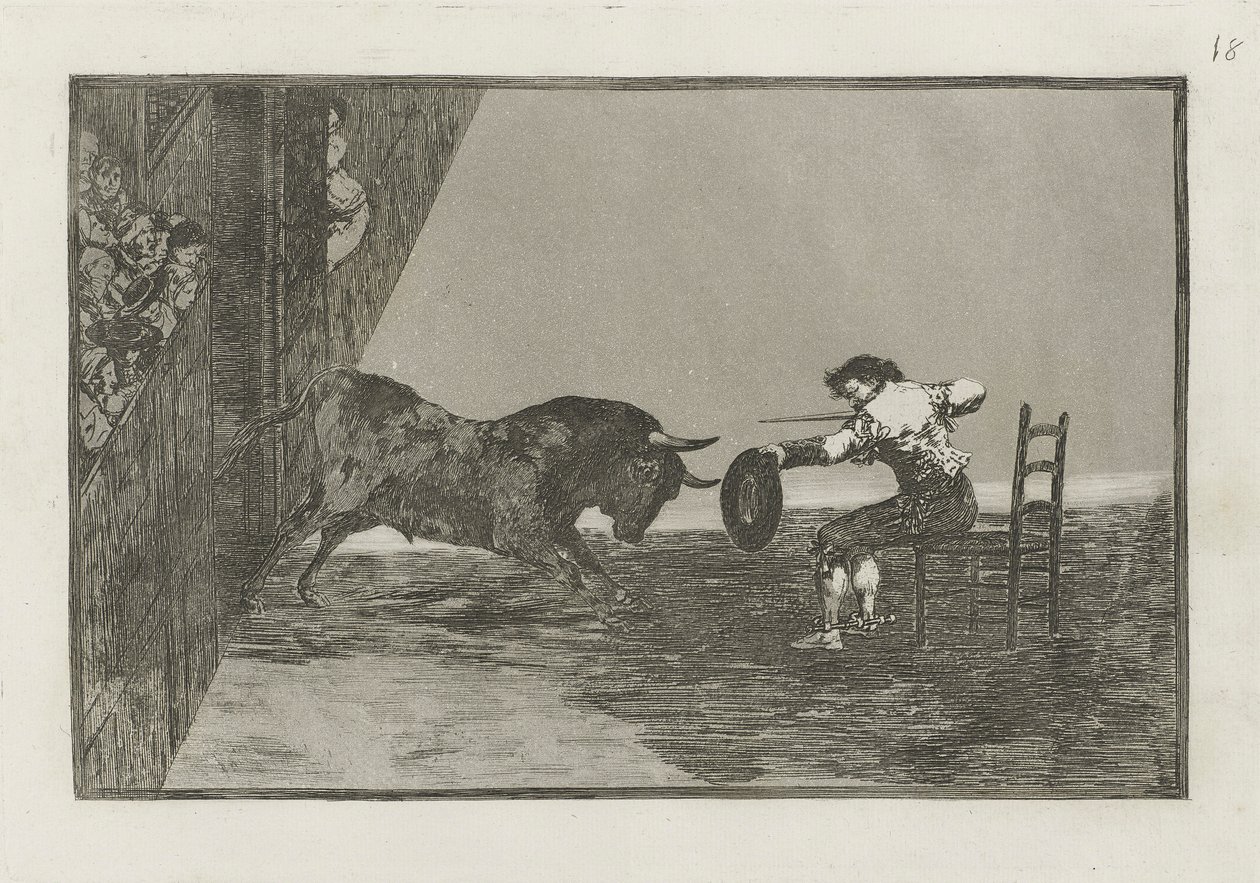 Temeridad de Martincho en la plaza de Zaragoza (Martinchon rohkeus kehässä Zaragozassa), levy 18 La tauromaquiasta tekijältä Francisco de Goya