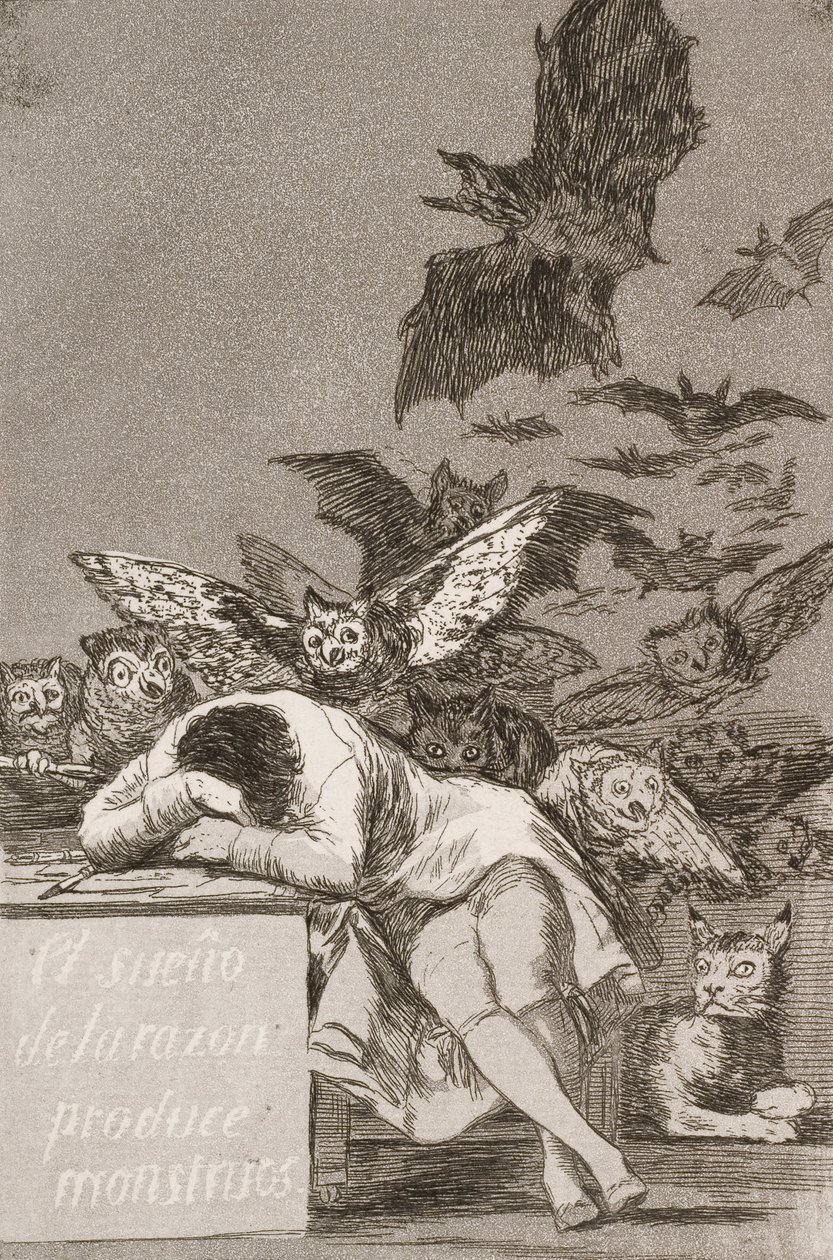 Järjen uni tuottaa hirviöitä (nro 43) Los Caprichosista tekijältä Francisco de Goya