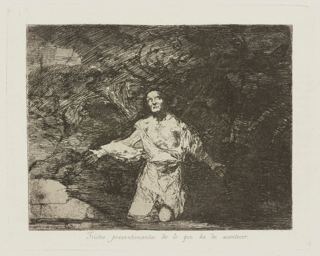 Surullisia aavistuksia siitä, mitä tapahtuu. (Surulliset ennakkoaaukset siitä, mitä tulee tapahtumaan.), pl. 1 sarjasta The Disasters of War tekijältä Francisco de Goya