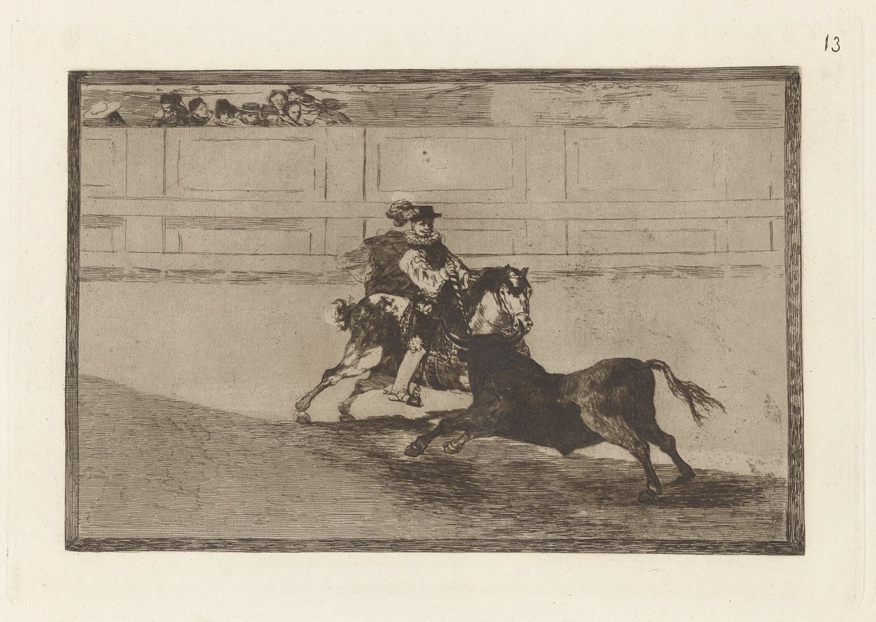 Un caballero espa?ol en plaza quebrando rejoncillos sin auxilio de los chulos (espanjalainen ratsu ritari renkaassa murtamassa lyhyitä keihää ilman avustajien apua), levy 13 La tauromaquiasta tekijältä Francisco de Goya