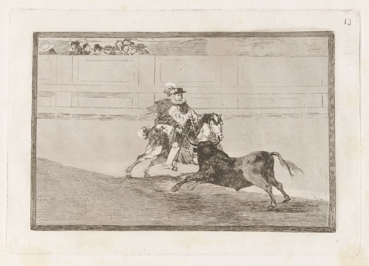 Un caballero espa?ol en plaza quebrando rejoncillos sin auxilio de los chulos (espanjalainen ratsu ritari renkaassa murtamassa lyhyitä keihää ilman avustajien apua), levy 13 La tauromaquiasta tekijältä Francisco de Goya