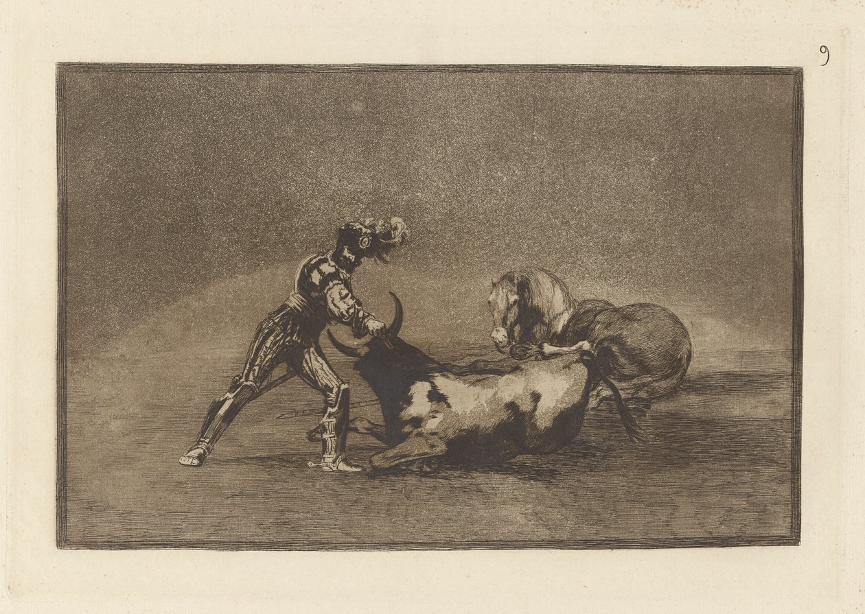 Espanjalainen ritari tappaa härän hevosensa menettämisen jälkeen (espanjalainen ritari tappaa härän hevosensa menettämisen jälkeen), levy 9 La tauromaquiasta tekijältä Francisco de Goya