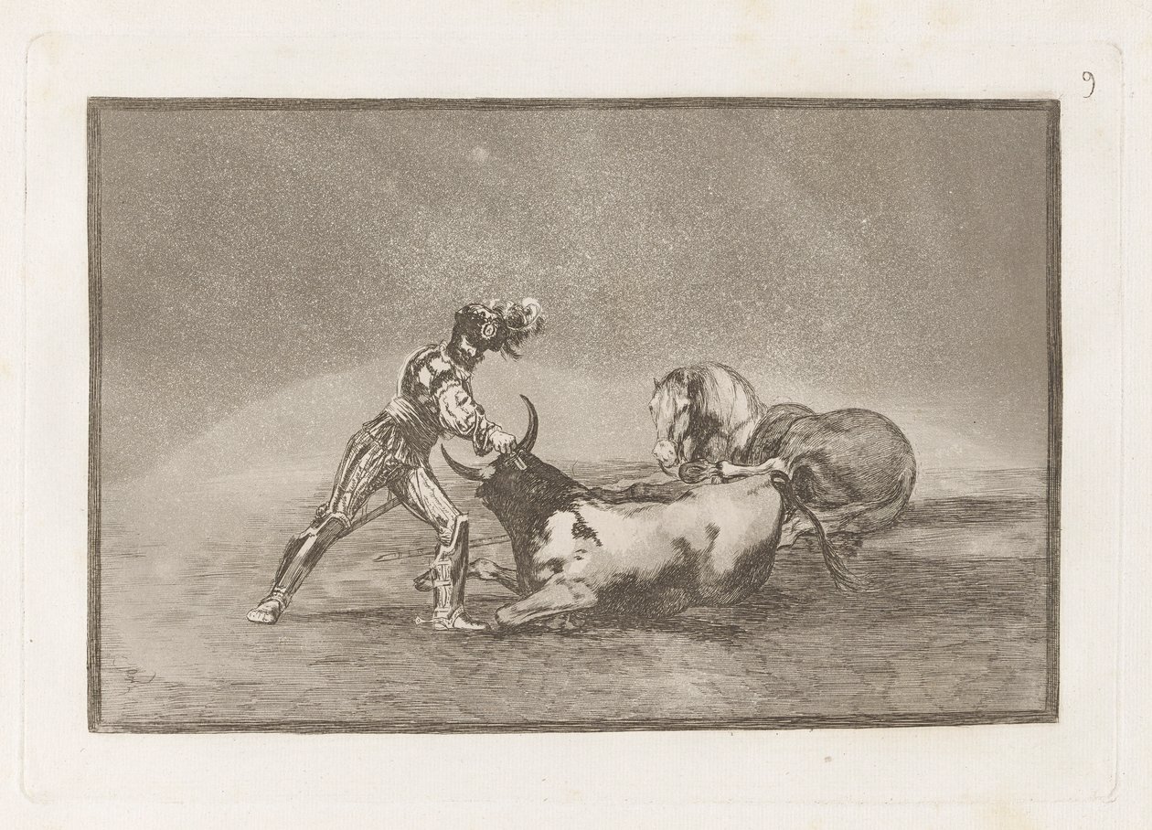 Espanjalainen ritari tappaa härän hevosensa menettämisen jälkeen (espanjalainen ritari tappaa härän hevosensa menettämisen jälkeen), levy 9 La tauromaquiasta tekijältä Francisco de Goya