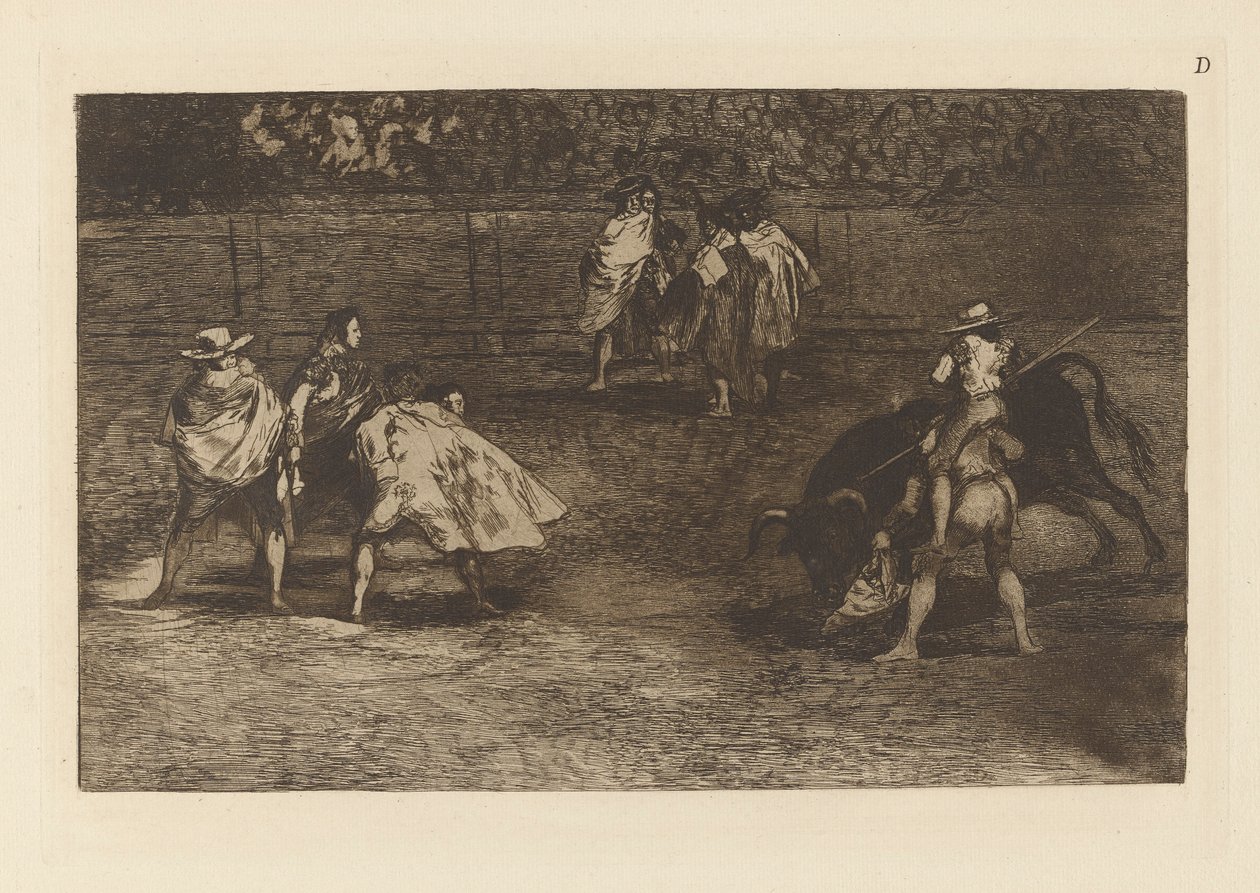 Härkätaistelija ratsastaa d?n chulon harteilla tekijältä Francisco de Goya
