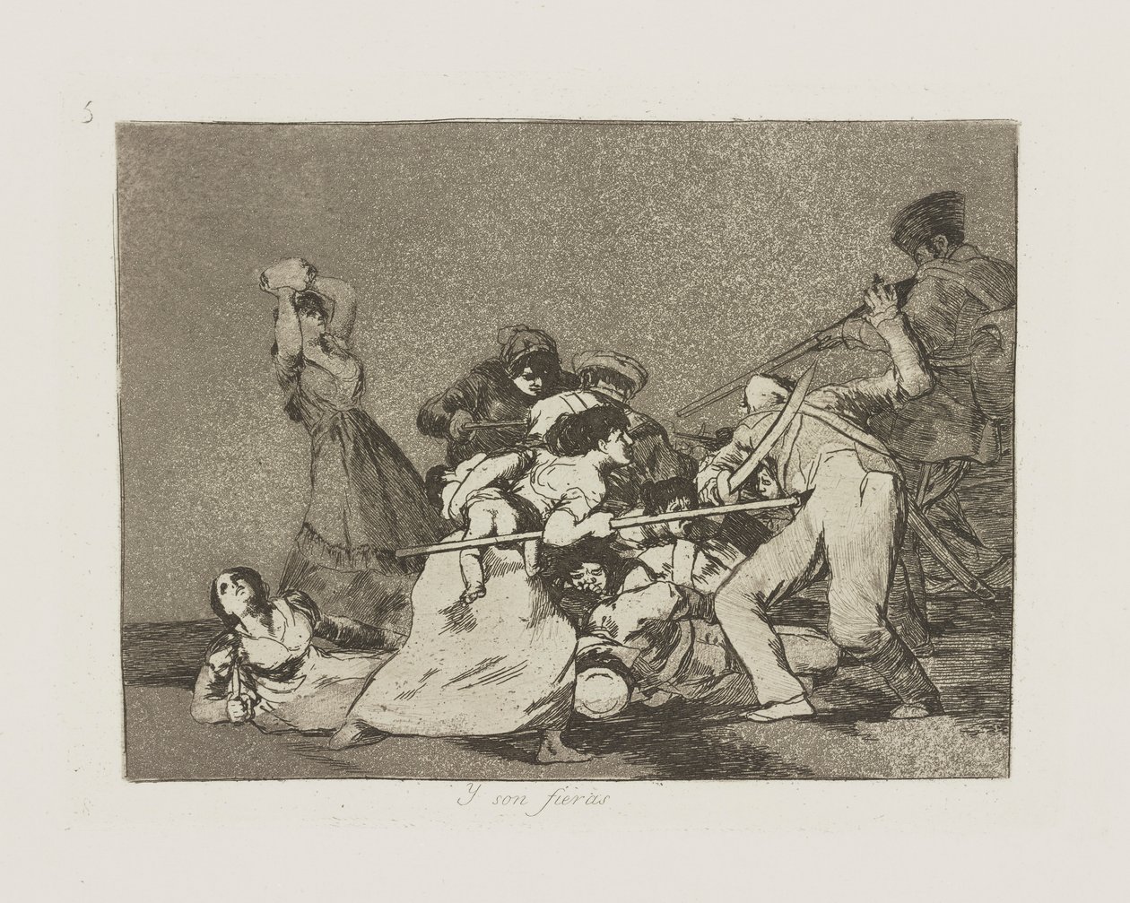 Y poika fieras. (Ja ne ovat kuin villit kuolemat.), pl. 5 sarjasta Los desastres de la guerra (Sodan katastrofit) tekijältä Francisco de Goya