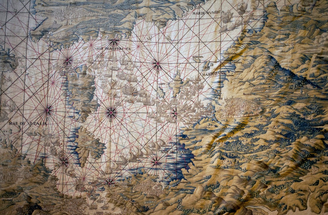 Välimeren kartta - Yksityiskohta Tunisin valloituksesta (Tunisia) - Franciscon ja Cornelius Van der Ggotin kuvakudos (1700-luku), kudottu kuninkaalliseen kuvakudostehtaaseen, 1700-luvun puoliväli, Willemin 1500-luvun kuvakudoksen jälkeen de Pannema tekijältä Francisco Ignacio Vandergoten Canyuwell