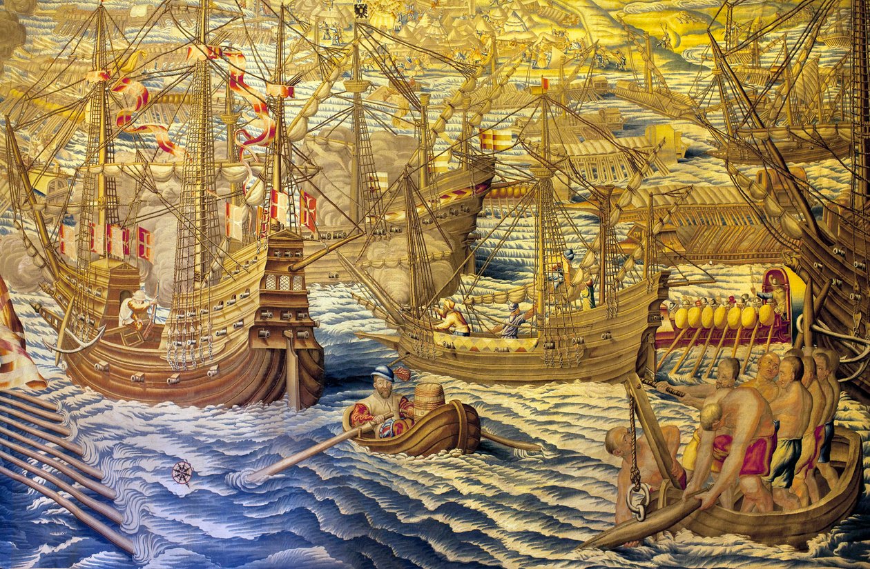 Laivat ja haarukka - Yksityiskohta Tunisian valloituksesta (Tunisia) - Franciscon ja Cornelius Van der Ggotin kuvakudos (1700-luku), kudottu kuninkaalliseen kuvakudostehtaaseen, 1700-luvun puoliväli, Willem de Pannemakerin 1500-luvun kuvakudoksen jälkeen - tekijältä Francisco Ignacio Vandergoten Canyuwell