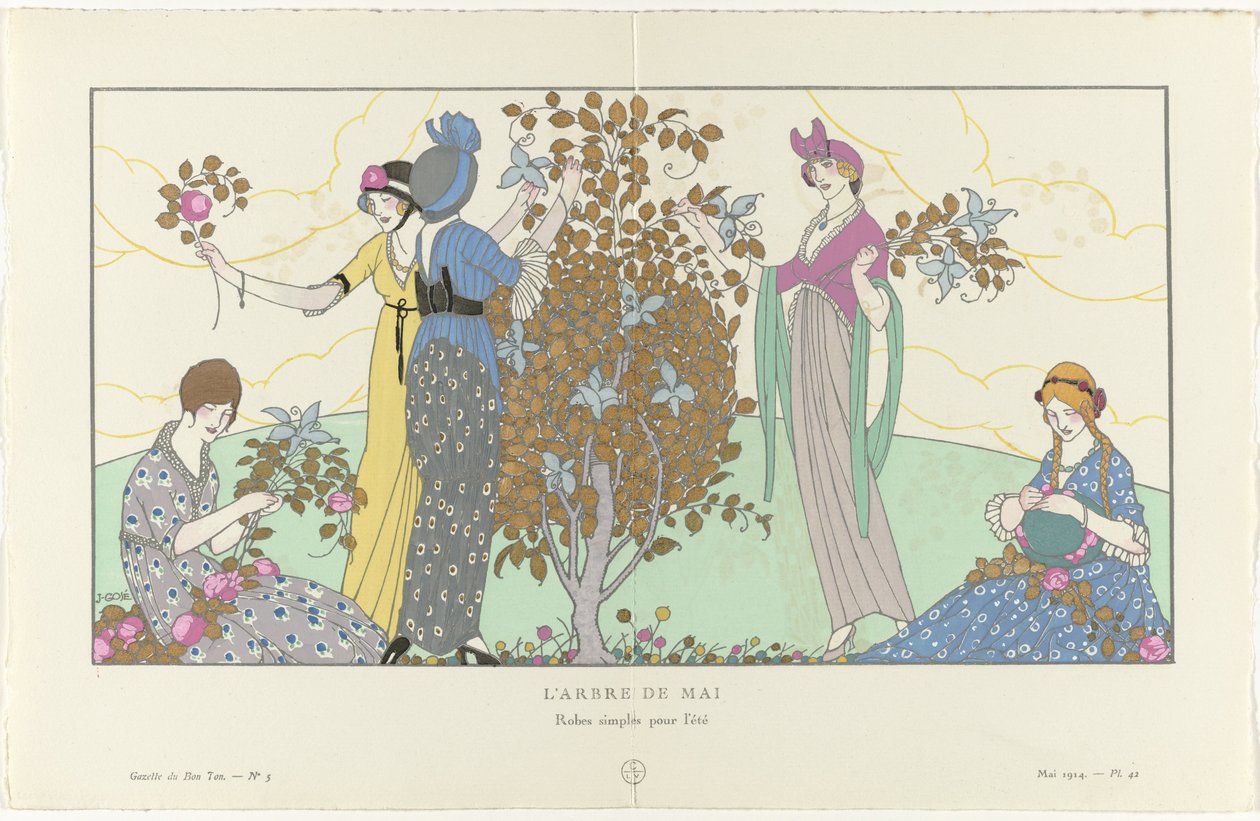 Gazette du Bon Ton, 1914 - nro 5, pl. 42: Maypole / Yksinkertaiset kesämekot (otsikko esineessä) tekijältä Francisco Javier Gosé
