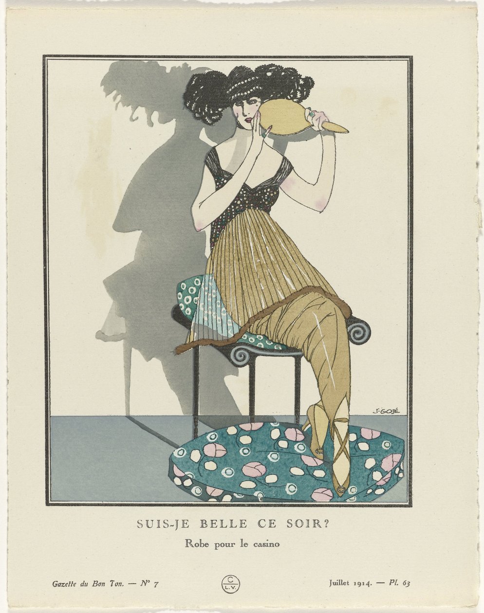 Gazette du Bon Ton. Taide – Modes & kevytmielisyydet: Taiteilijat Gazette du Bon Ton, 1914, nro 7, pl. 63: Olenko kaunis tänä iltana? / Mekko kasinolle (otsikko esineessä) tekijältä Francisco Javier Gosé