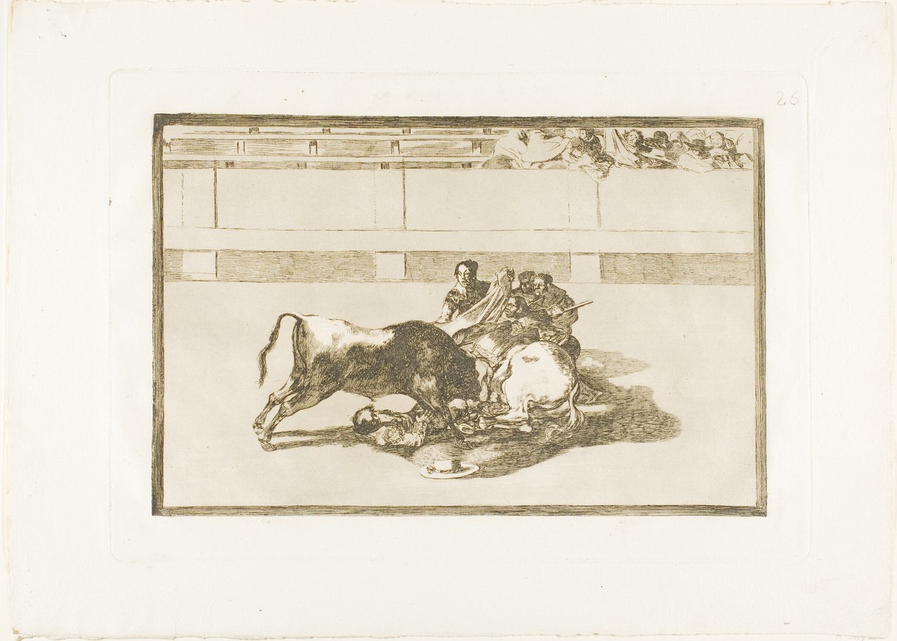 Picador on hevoston ja putoaa härän alle, levy 26 julkaisusta The Art of Bullfighting tekijältä Francisco Jose de Goya y Lucientes
