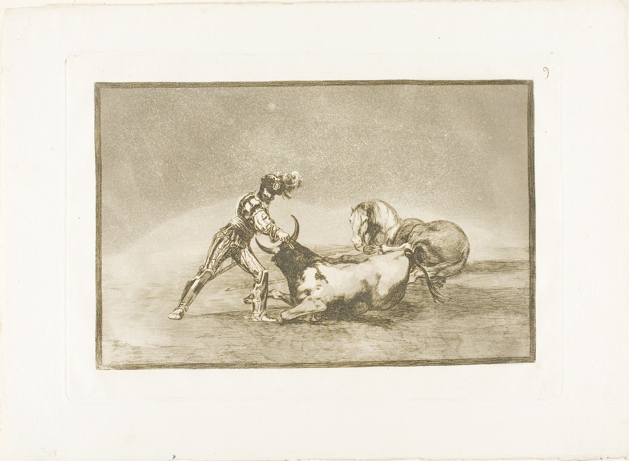 Espanjalainen ritari tappaa härän menetettyään hevosensa, levy yhdeksän Härkätaistelun taidosta tekijältä Francisco Jose de Goya y Lucientes