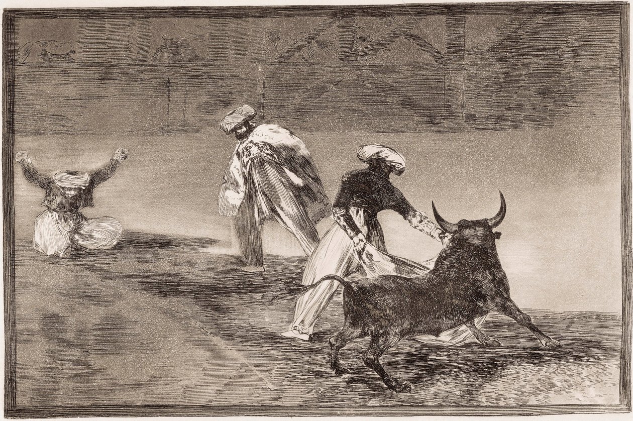 Härkätaistelu: maurit pelaavat viitta toisen härän kanssa aitauksessa tekijältä Francisco de Goya