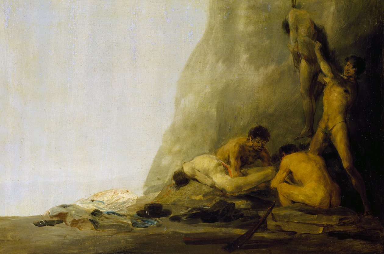 Kannibaalit valmistelevat uhrejaan eli Irokeesit nylkevät Jean de Brebeufin ja Gabriel Lallemantin ruumiit vuonna 1649, noin 1800-08 (öljy paneelille). tekijältä Francisco Jose de Goya y Lucientes