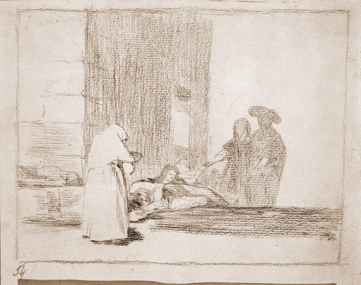 Charity of a Woman, kuvitus "The Disasters of War" -sarjasta, n. 1810-20 (kynä paperilla) tekijältä Francisco de Goya