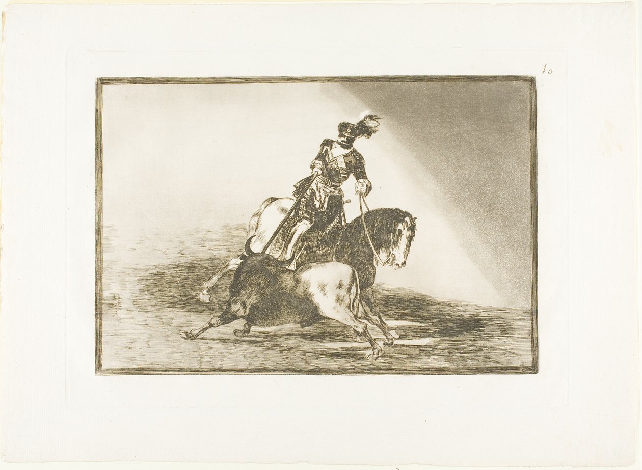 Kaarle V keihäämässä härän kehässä Valladolidissa, levy kymmenen teoksesta The Art of Bullfighting tekijältä Francisco Jose de Goya y Lucientes