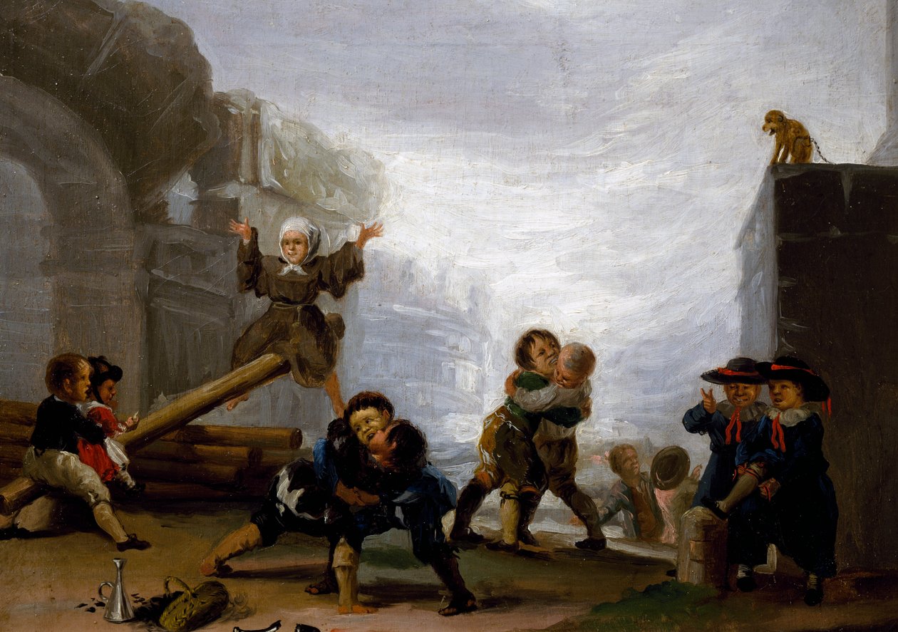 Lapset tappelevat ja leikkivät keinussa tekijältä Francisco Jose de Goya y Lucientes