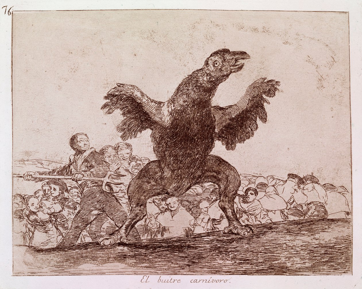 Sodan tuhot: "" Lihansyöjäkorppikotka"" Espanjan Ferdinand VII:n monarkian kannattajien esitys eläiminä. Francisco de Goya y Lucientes (1746-1828) etsaus nro 76. 1810-1812. Madrid. Pradon museo tekijältä Francisco de Goya