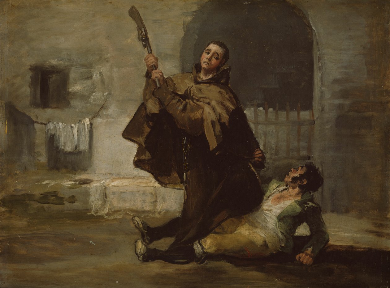 Munkki Pedro lyö El Maragatoa aseen perällä tekijältä Francisco Jose de Goya y Lucientes