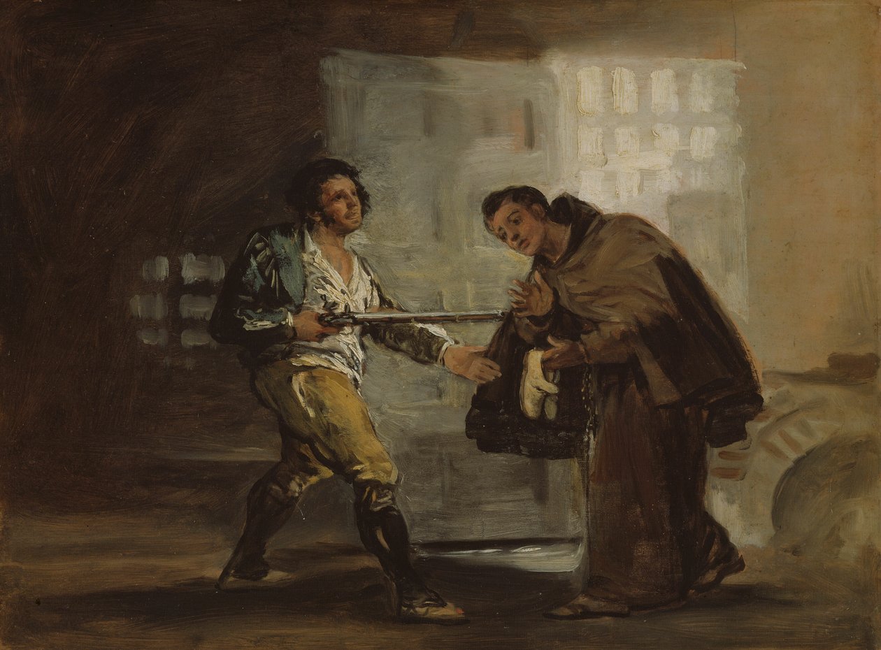 Munkki Pedro tarjoaa kenkiä El Maragatolle ja valmistautuu työntämään hänen aseensa syrjään. tekijältä Francisco Jose de Goya y Lucientes