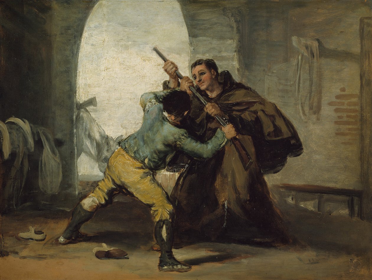Munkki Pedro riistää aseen El Maragatolta tekijältä Francisco Jose de Goya y Lucientes