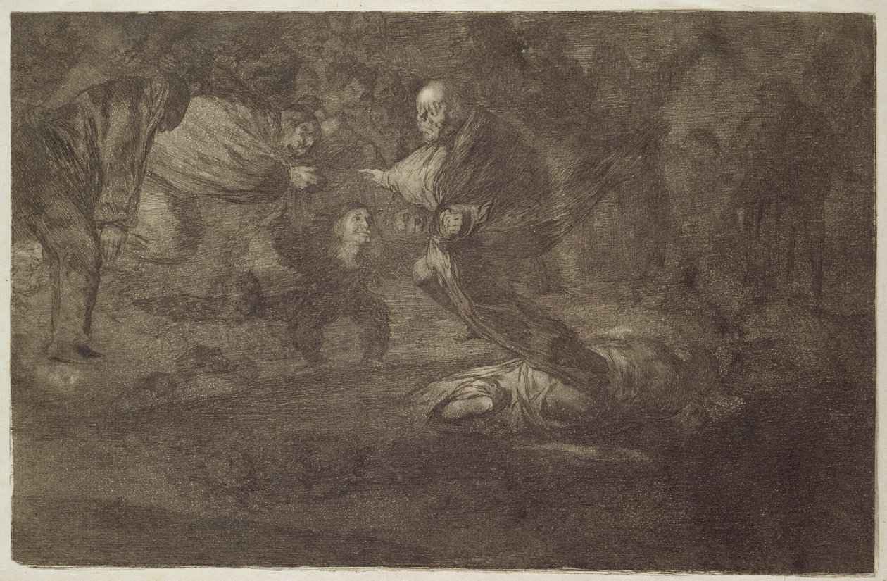 Hautajaisarvoitus, "Sananlaskujen" laatta 18. tekijältä Francisco Jose de Goya y Lucientes