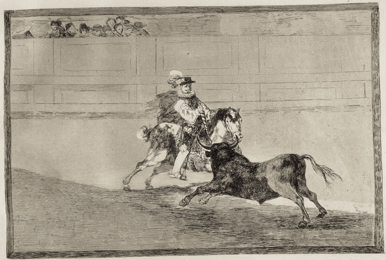 GOYA Y LUCIENTES, Francisco de (1746-1828). Um cavaleiro espanhol montado no ringue quebrando lanças curtas sem a ajuda de assistentes. 1816. Gravura. ESPANHA. MADRID (COMUNIDADE AUTÓNOMA). Madri. Biblioteca Nacional finlandesa tekijältä Francisco Jose de Goya y Lucientes