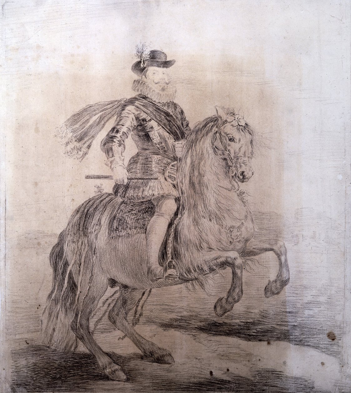 GOYA Y LUCIENTES, Francisco de (1746-1828). Espanjalaisen Philip III:n ratsastusmuotokuva. 1778. PHILIP III Espanjan (1578-1621). Espanjan kuningas (1598-1621). Piirustuskopioita Velazquezin maalauksista. Barokkin taidetta. Piirustus. ESPANJA. MADRID (AUTO tekijältä Francisco Jose de Goya y Lucientes