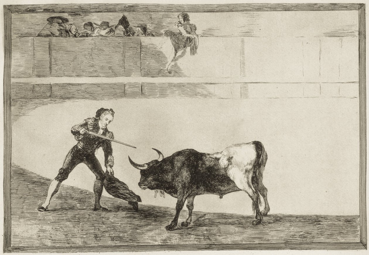 GOYA Y LUCIENTES, Francisco de (1746-1828). Pedro Romero tappaa pysähtyneen härän. 1816. (25,1 x 35,9 cm). ROMERO, Pedro (1754-1839). Espanjalainen härkätaistelija. Levy 30 "Härkätaistelun taito". Etsaus. ESPANJA. MADRID (AUTONOMOUS YHTEISÖ). Madrid. kansa tekijältä Francisco Jose de Goya y Lucientes