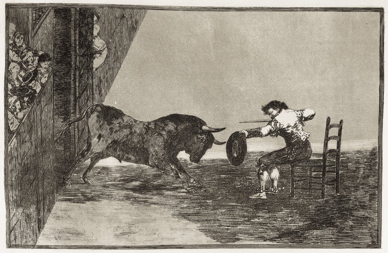 GOYA Y LUCIENTES, Francisco de (1746-1828). Martinchon (todennäköisesti Antonio Ebassumin) rohkeus kehässä Saragossassa. 1816. (24,9 x 35,7 cm). Levy 18 "Härkätaistelun taito". Etsaus. ESPANJA. MADRID (AUTONOMOUS YHTEISÖ). Madrid. Kansalliskirjasto tekijältä Francisco Jose de Goya y Lucientes