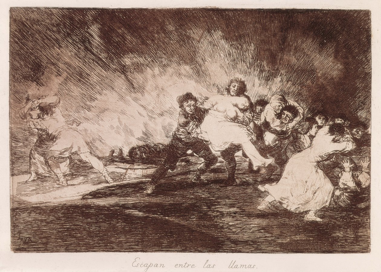 GOYA Y LUCIENTES, Francisco de (1746-1828). Ne pakenevat liekkien läpi. 1810-1812. (16,1 x 23,3 cm). Levy 47 "The Disasters of War". Etsaus. ESPANJA. MADRID (AUTONOMOUS YHTEISÖ). Madrid. Kansalliskirjasto tekijältä Francisco Jose de Goya y Lucientes