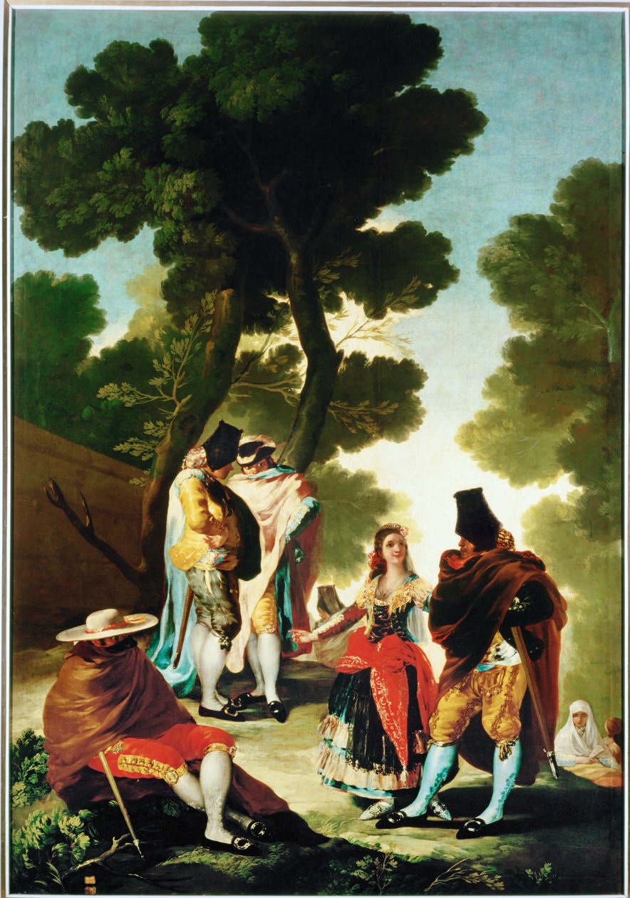 La maja y los Embozados - Maja ja viittamaiset miehet, pilapiirros kuvakudosta varten 40-06-09/42 ... (maalaus kankaalle) tekijältä Francisco Jose de Goya y Lucientes