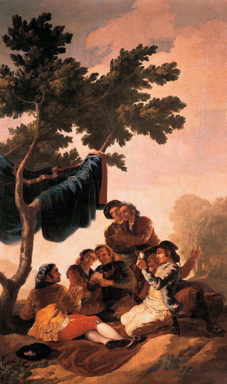 ""Kortinpelaajat"" Francisco de Goya y Lucientesin (1746-1828) maalaus kuninkaallisessa kuvakudosmanufaktuurissa El Pardon palatsin ruokasaliin vuonna 1778 tehdylle kuvakudokselle. Prado-museo. Madrid tekijältä Francisco Jose de Goya y Lucientes